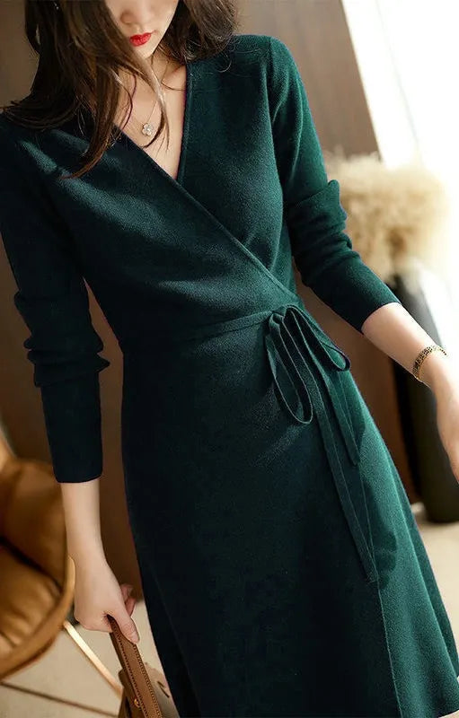 2023 Autumn/Winter Women's V-neck Lace Up Wrap Up Dress New Korean Version Loose and Elegant Commuter Style Knitted Dress