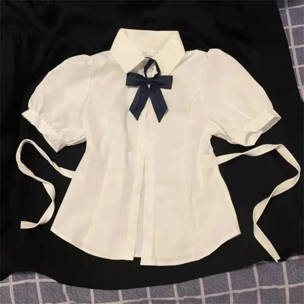 warmmeta Korean Fashion  New Spring/Summer Sexy Girl Short Sleeve Preppy Style Slim JK Bandage Shirt Women's Bow Tie Neck Blouse Top