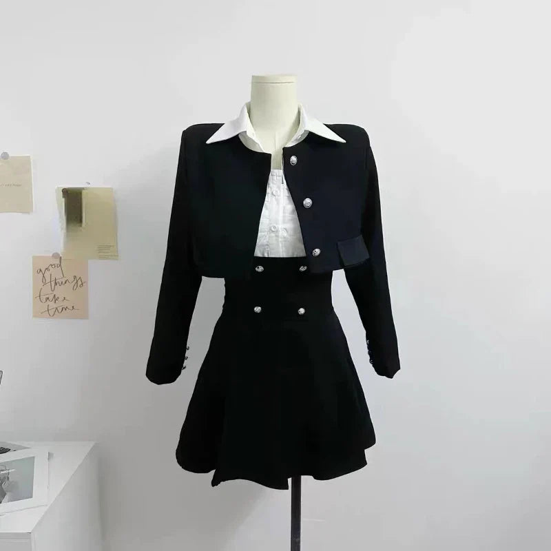 warmmeta Preppy Style Vintage Fashion Suit Woman White Shirt + Short Coat + High Waist Slim Y2k Mini Dress Japanese Elegant Set Chic