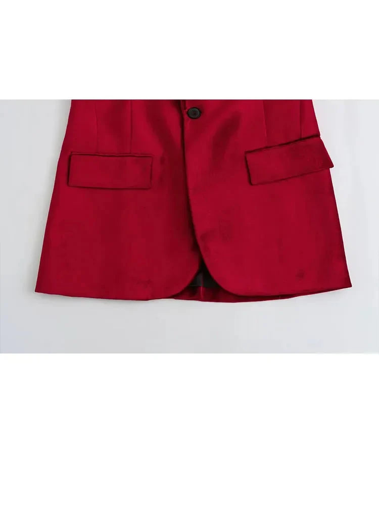 Spring Blazers Woman 2025 Trendy Red Turn Down Collar Long Sleeves Pockets Decorate Single Button Female Jacket Coats