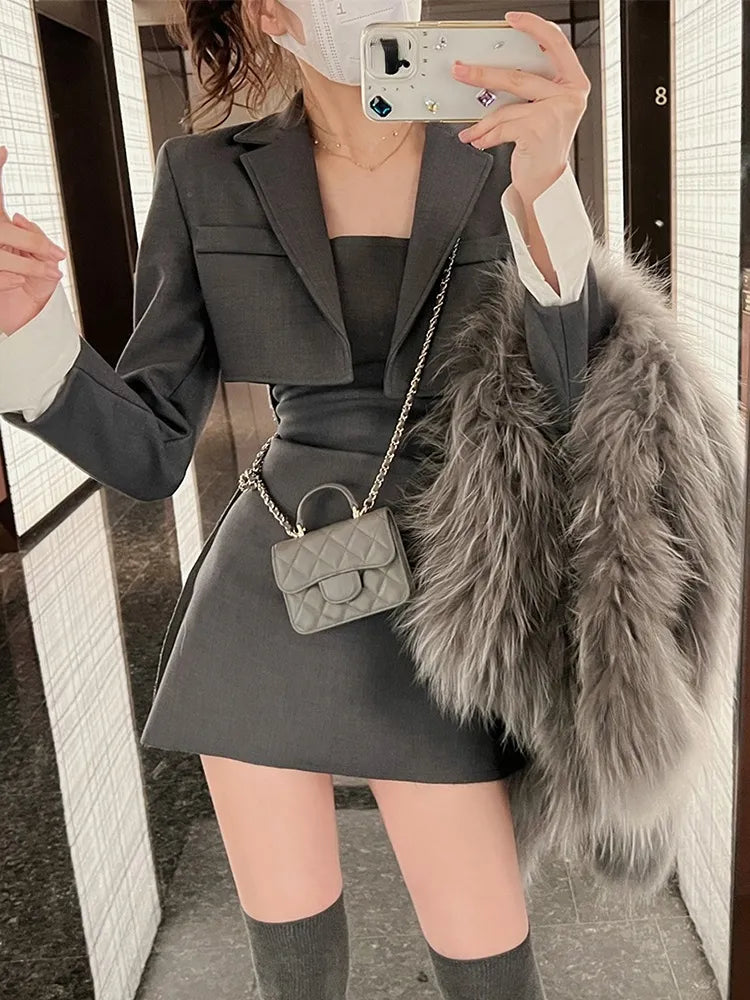 Winter Black Two Piece Dress Set Women Blazer Coat+Strap Dress Set Female Casual Korean Fashion Slim Elegant Dress Suit 2022 New