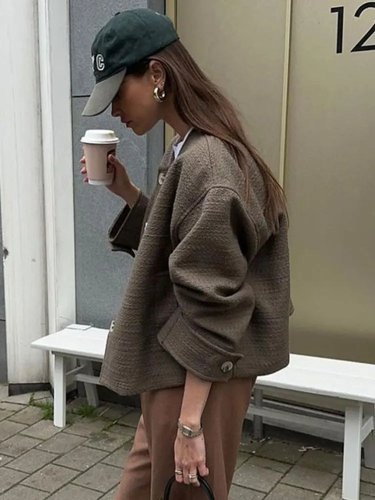 Solid O-neck Cropped Ladies Coat Fashion Elegant Long Sleeved Women's Warm Street Wear Female Casual Chic Party Outwear