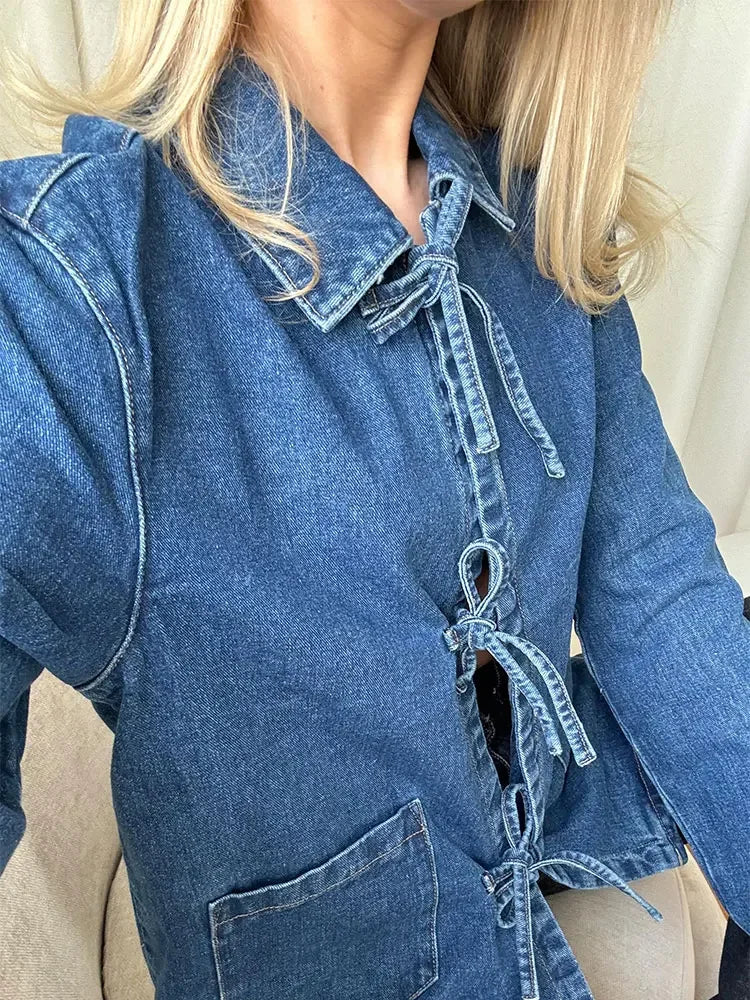 PICSGIRL -  Fashion Lace Up Blue Cowboy Shirt For Women Causal Loose Turndown Collar Long Sleeved Cropped Tops Spring Lady Commuting Blouse