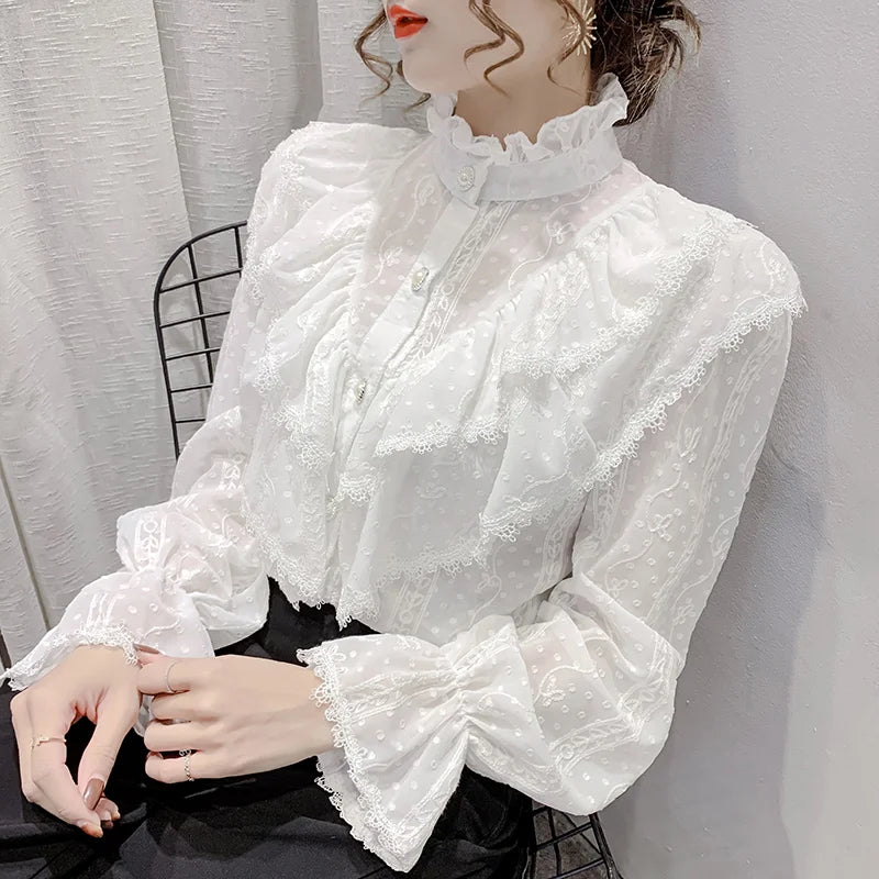 Korean Style Ruffle Stitching Lace Blouse Fashion Long Sleeve Loose Chiffon Shirt Elegant Stand Collar Pleated Tops Blusas 15832