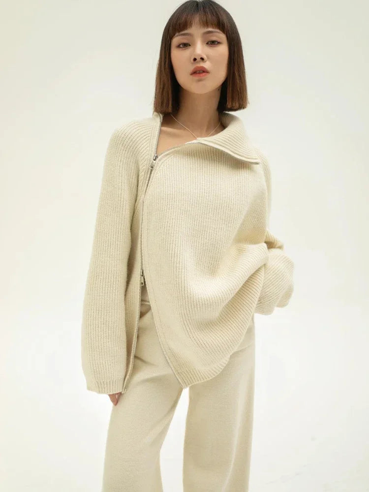 Autumn Knitted Two Piece Set Women 2023 Zipper Sweaters and Wide-leg Pants Suit Solid High-neck Pullover Sets for Women 2 Pieces