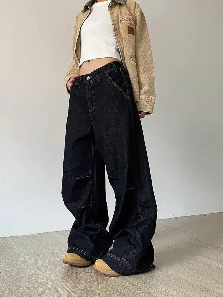 Grunge Y2k Black Jeans Women Vintage Oversized High Street Cargo Denim Trousers Wide Casual Baggy Straight Denim Pants