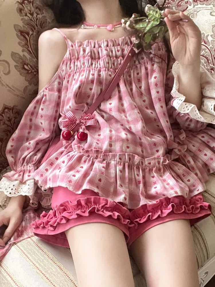 Pink Japanese Kawaii Two Piece Set Women Summer Sweet Lolita Shorts Suit Female Print Bare Shoulder Blouse + Wide-leg Shorts New