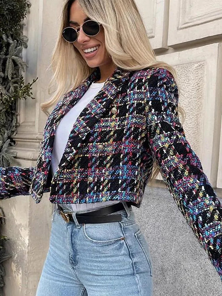 Plaid Panelled Short Women Blazer Coat Double Breasted Long Sleeve Lapel Female Outwear Fashion All-match Autumn Lady Coat