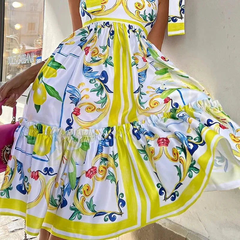 Holiday Blue White Yellow Porcelain Floral Print Summer Sleeveless Dress for Women Straps Bow Midi Long Vestidos Beach