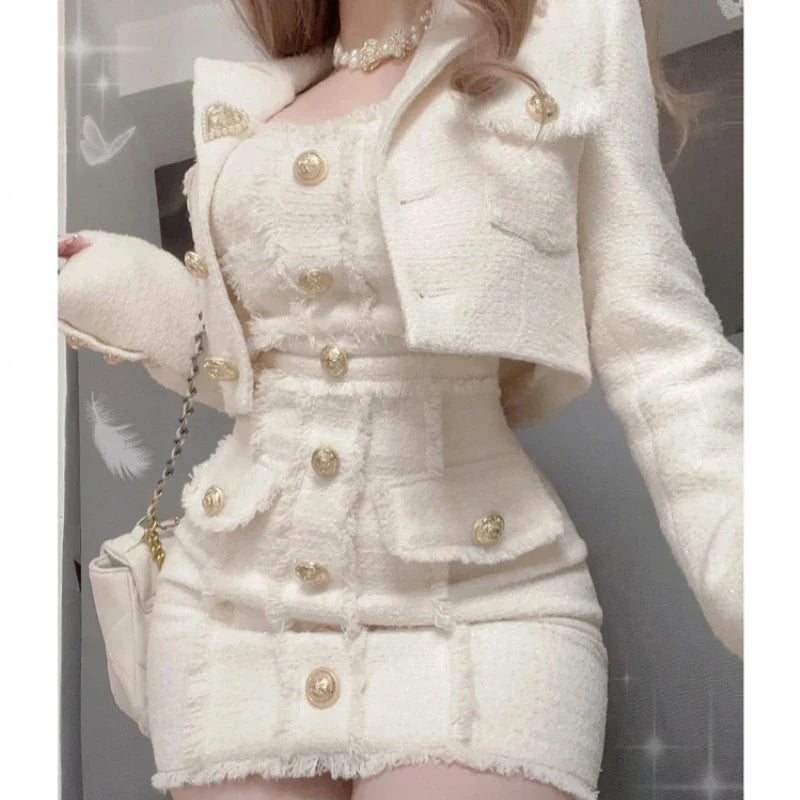 warmmeta Korean Style Elegant Vintage Two Piece Set Women Sweet Woolen Short Jackets Tassel Design Mini Dress Suit Female Fashion Outfitn