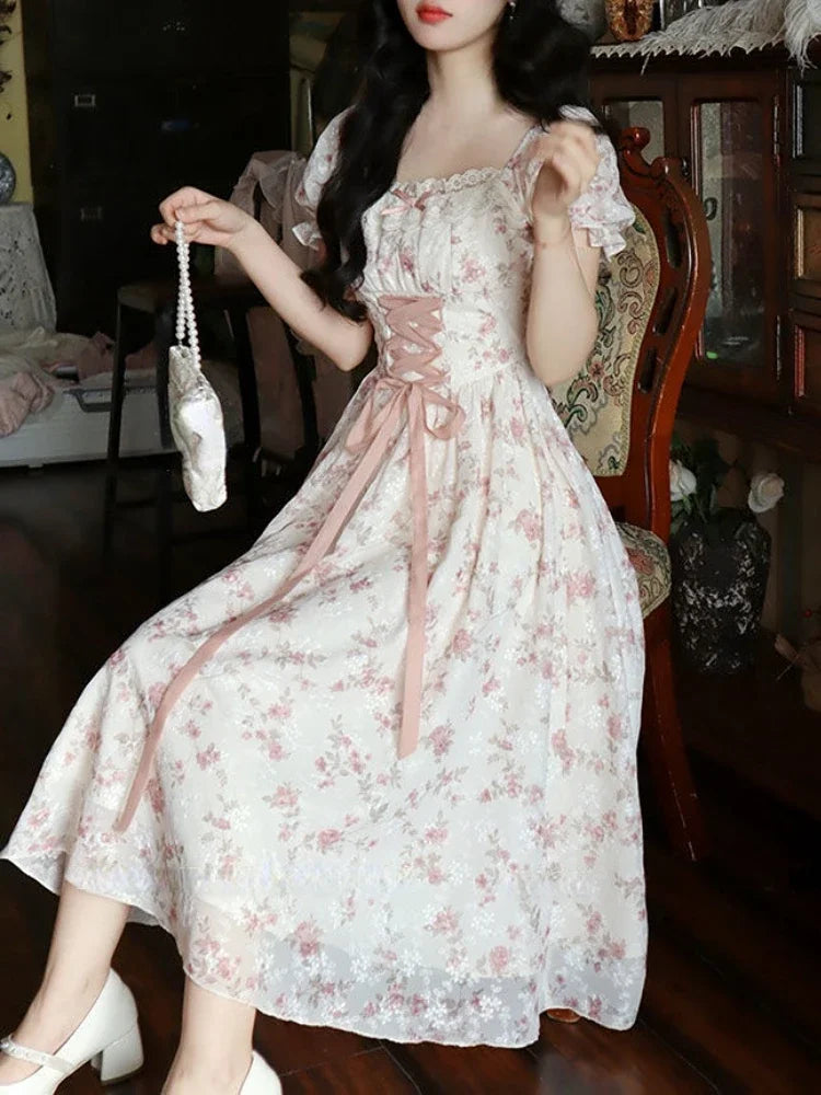 Summer Korean Fashion Lace Fairy Dress Women Square Collar Princess Kawaii Floral Print Dress Female Bandage Sweet Dress 2024