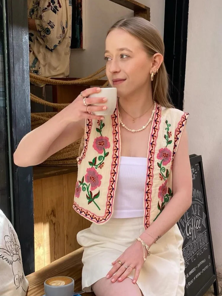 Elegant Floral Embroidered Women's Short Waistcoat Chic V Neck Sleeveless Cropped Cardigan 2024 Summer Female Party Fashion Tops