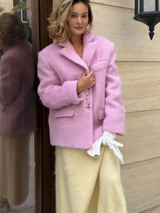 Women's Elegant Pink Lapel Pockets Woolen Blazer Coat Fashion Single-breasted Loose Long Sleeve Coats 2024 Lady Sweet Outerwear