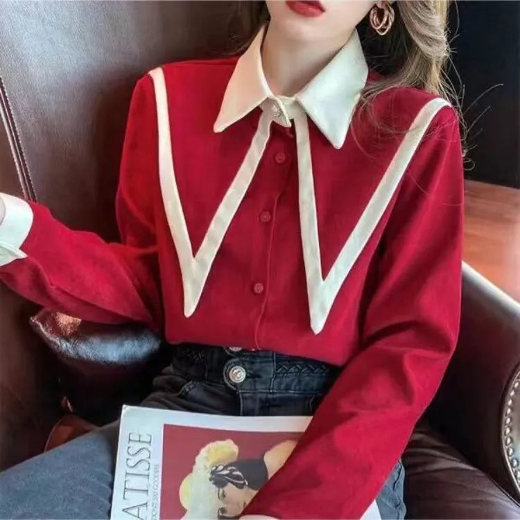 Elegant Vintage Edge Piping Peaked Collar Shirts Women Spring Loose Puff Sleeve Blouses Simple Single Breasted Tops