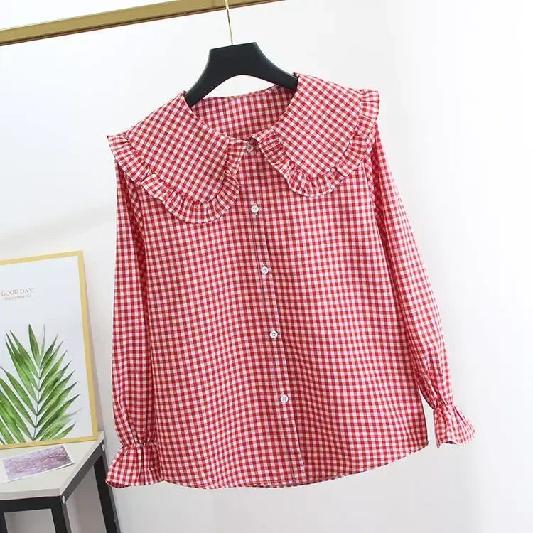 warmmeta-Women Blouse Spring Black  White Plaid Long Sleeve Loose-Fitting Shirt Coat Top Blusas Ropa De Mujer