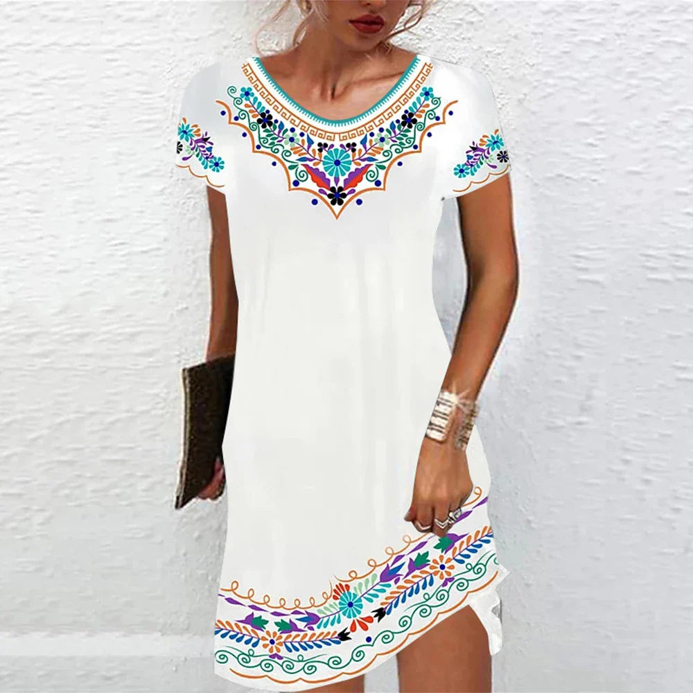 WARMMETA Vintage Elegant Ethnic Dress for Women 2024 Summer Loose Bohemian Beach Midi Dress Casual Female Clothing Pullover Skirt