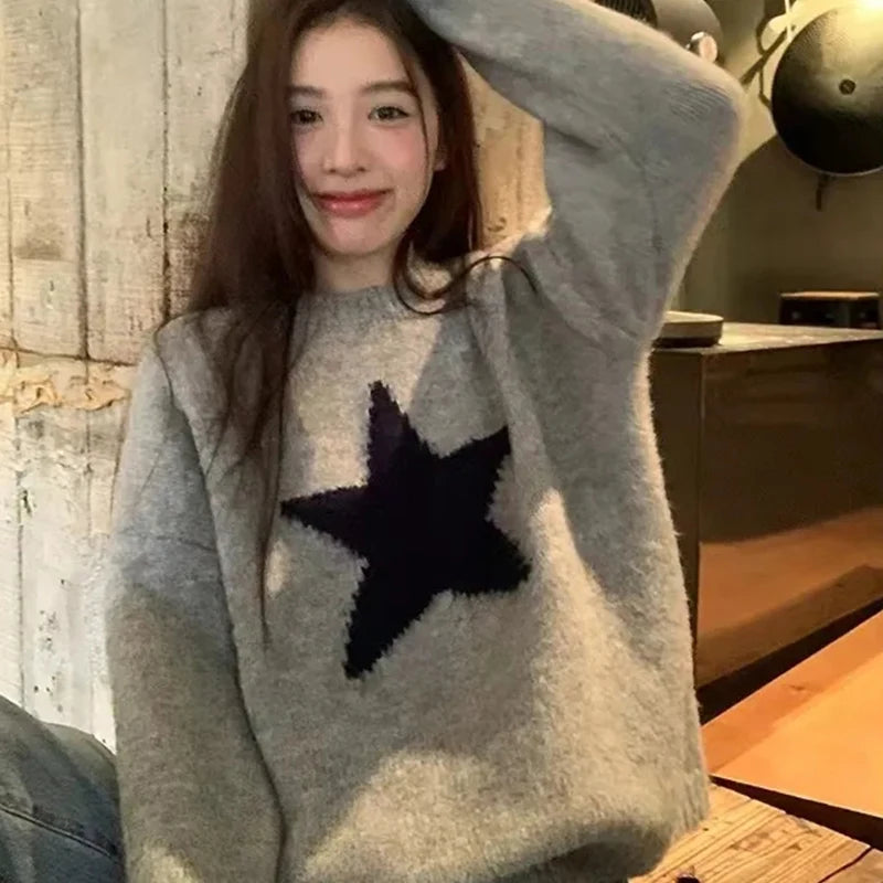 Star Pullover Sweater Women Korean Fashion Loose O-Neck Warm Fall Winter Knitwear Pretty Style Hip-Hop Lazy Female Jumpers Tops