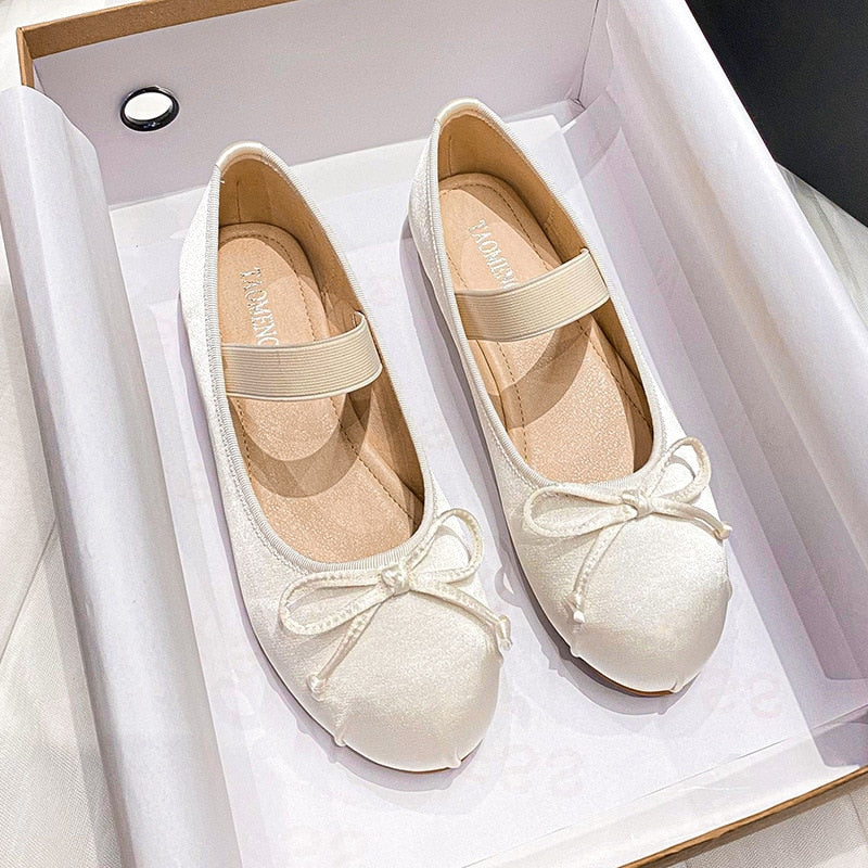 Mary Jane Shoes Women's Shoes Round Toe Plus Size Women's Shoes Bow Silk Satin Ballet Flats  Spring/Autumn Flats Women Shoes