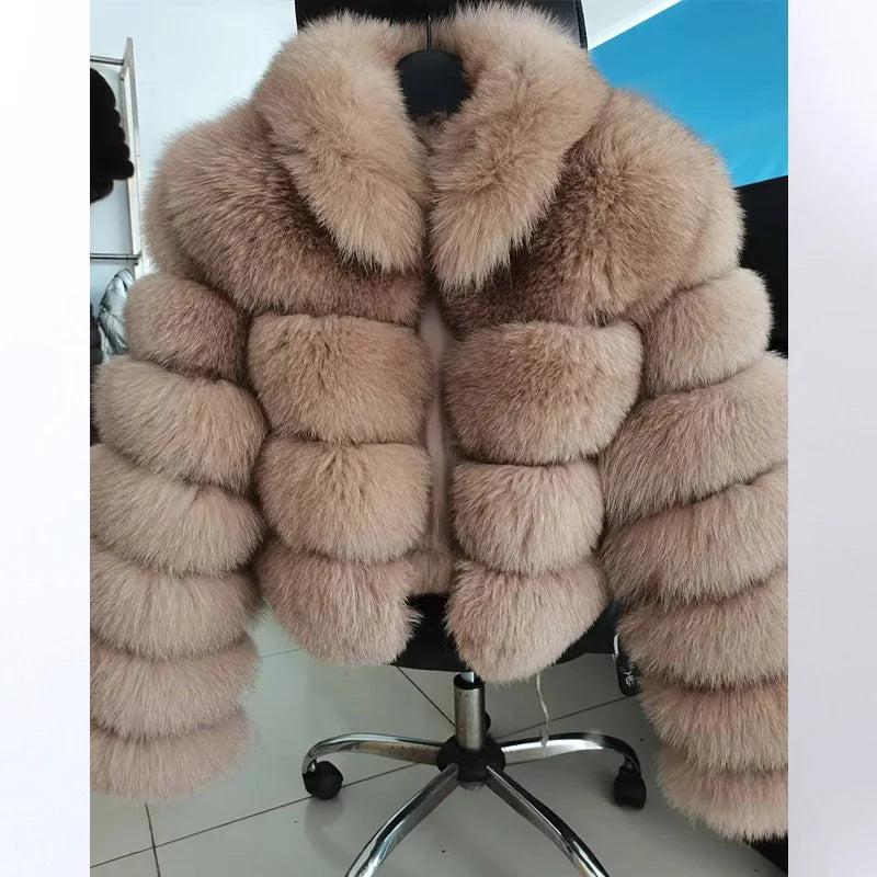 warmmeta Real Fur Jacket  Women Winter Short Natural real Fox Fur Lady Zipper Fur Coat Female Warm Jacket  with Collar