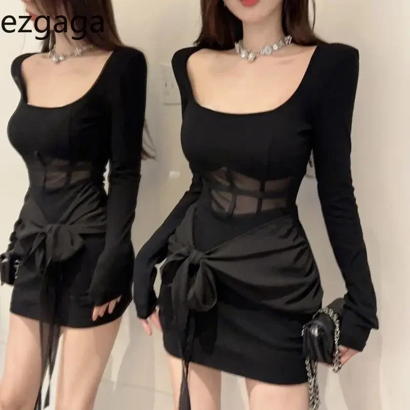 WARMMETA Woman Dress Sexy Mesh Patchwork Long Sleeve Square Collar Slim Stretch Black Elegant Dresses Party Female Stylish