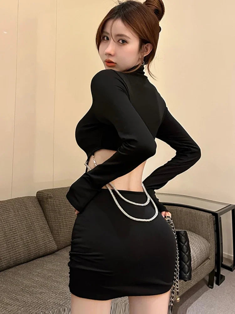 WARMMETA Hollow Out Sexy Dresses Women Chain Backless Long Sleeve Half High Collar Black Slim Stretch Elegant Party Dress Ladies