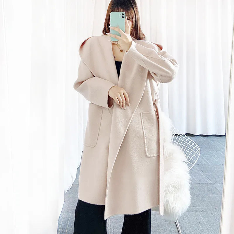 Autumn Mid-length Hooded Coat Women Black Water Ripple Cashmere Coat Female New Winter Casual Lace-up Loose Beige Coat Classic