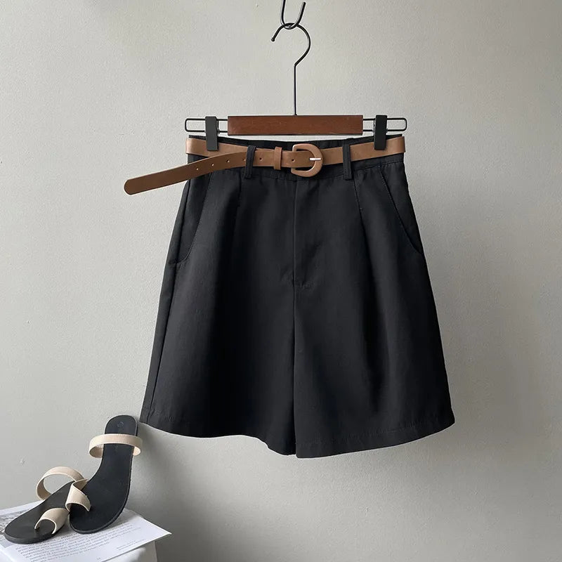 MEXZT Belt Pure Cotton Shorts Women High Waist Wide Leg A Line Suit Shorts Office Lady Solid Loose Casual All Match Short Pants