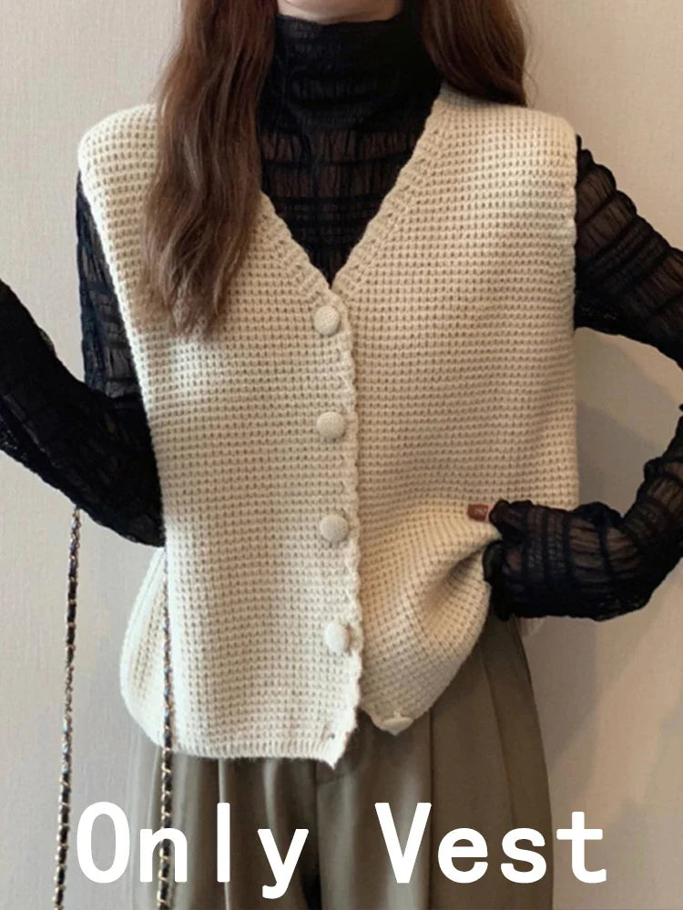 Vintage Sweater Vest Women Autumn Casual Sleeveless Knitted Cardigan Vest Female Korean Fashion Preppy Style Waistcoat Knitwears