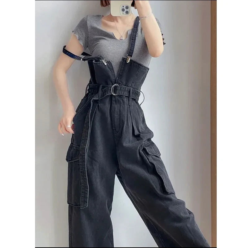 Denim Jumpsuits Women High Waisted Cargo Trousers American Streetwear Teens Hipsters Pure Big Pockets Vintage Jean Wholesale