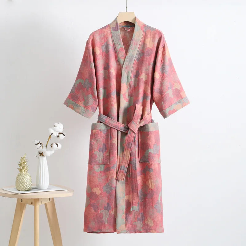 Couple's Dressing Gowns Vintage Print Loungewear Double Layer of Cotton Bathrobes Women's Pajamas Absorb Water and Dry Quickly