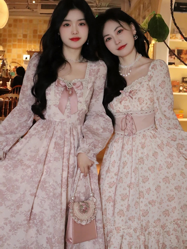 Pink Floral Elegant Dress Women Bandage Lace Print Sweet Vintage Dress Puff Sleeve Kawaii Dress Women Princess Fairy