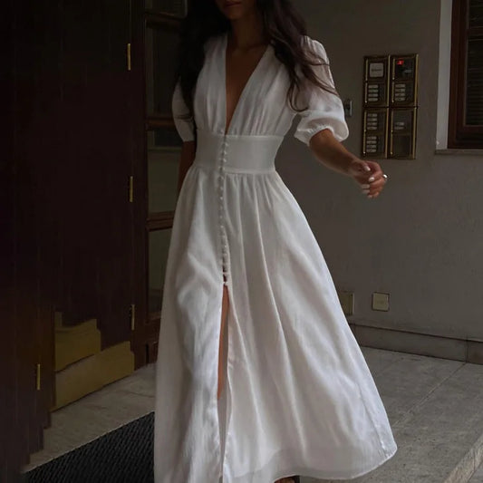 Picsgirl 2024 White Elegant Maxi Dresses Women Spring Summer V-neck Puff Sleeve Split Long Dress Female Casual Fashion Holiday Vestidos