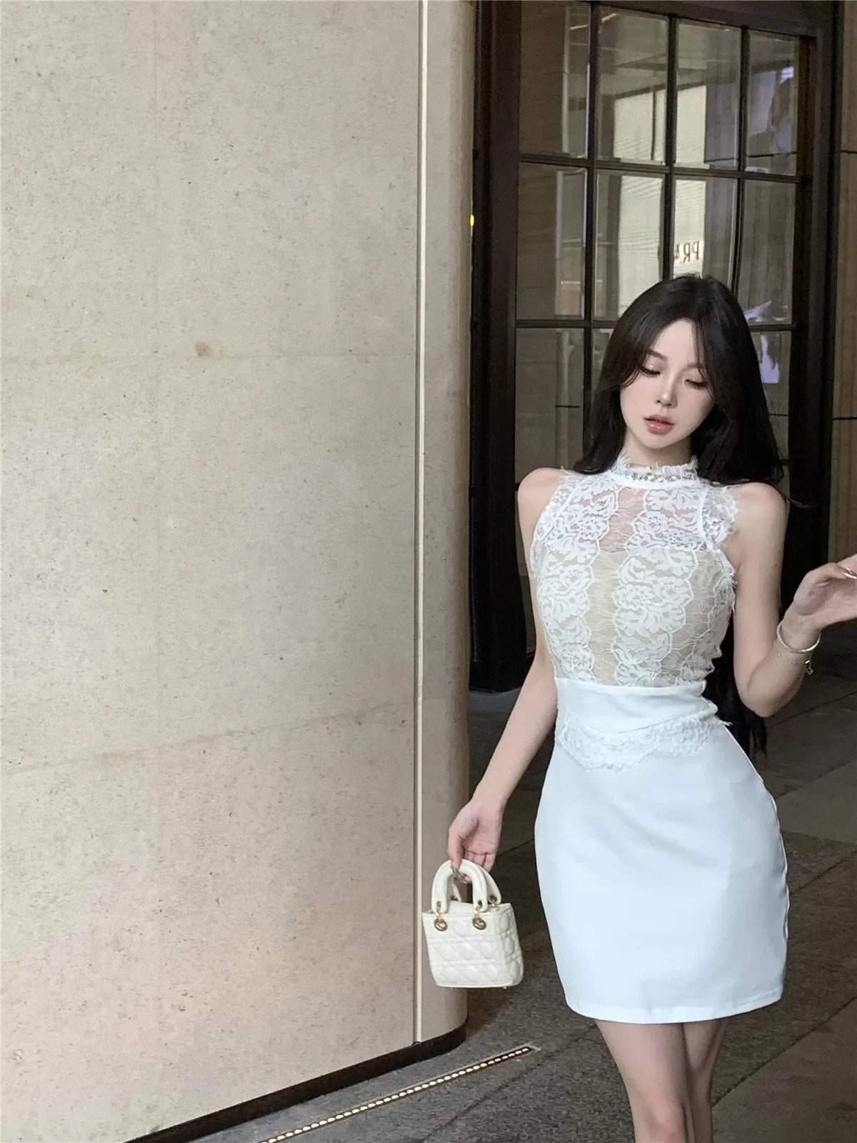 WARMMETA Spicy Girl Lace Stitching Dress Women Summer White Temperament Waist Sleeveless Wrap Hip Short Dress Fashion Lady Clothes