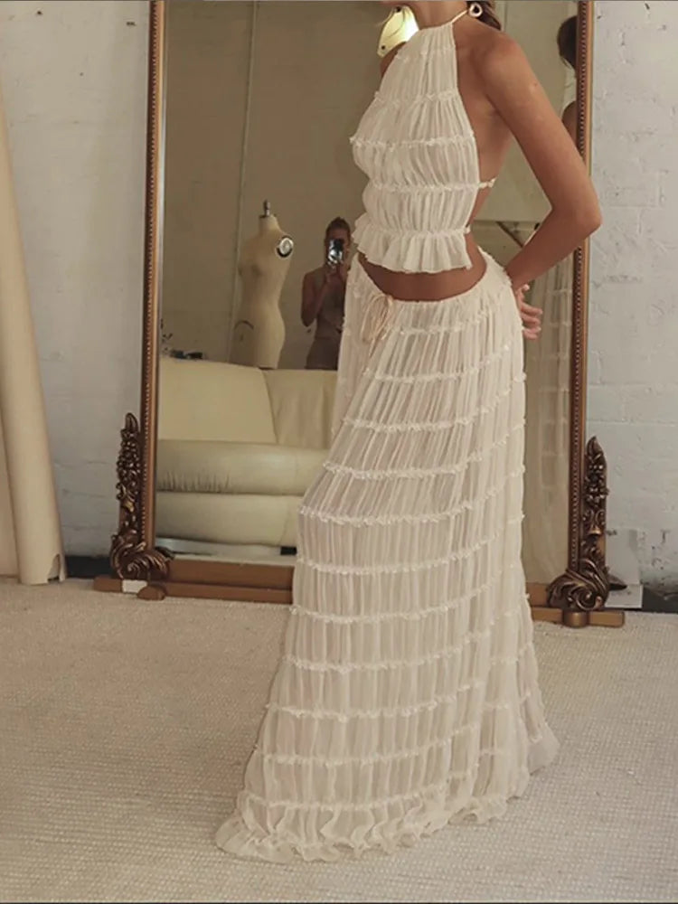 Elegant White Hang Neck Long Skirt Suit Women Backless Sling Top Lace Up Fold Maxi Skirts 2024 Spring Summer Female 2 Piece Set