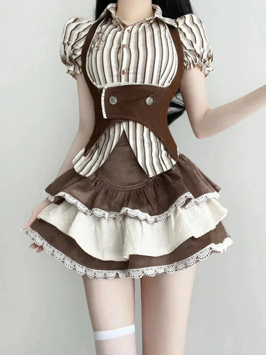 Fashion Vintage Y2k 3 Piece Sets 2024 Summer Striped Shirt Slim Vest High Waist Lace Mini Skirt Lolita Japanese Suit Woman Chic