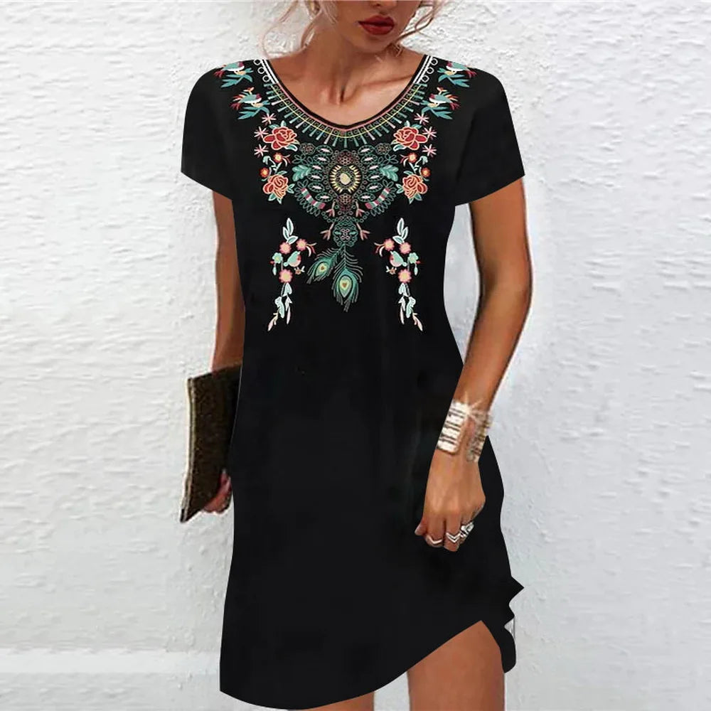 WARMMETA Vintage Elegant Ethnic Dress for Women 2024 Summer Loose Bohemian Beach Midi Dress Casual Female Clothing Pullover Skirt