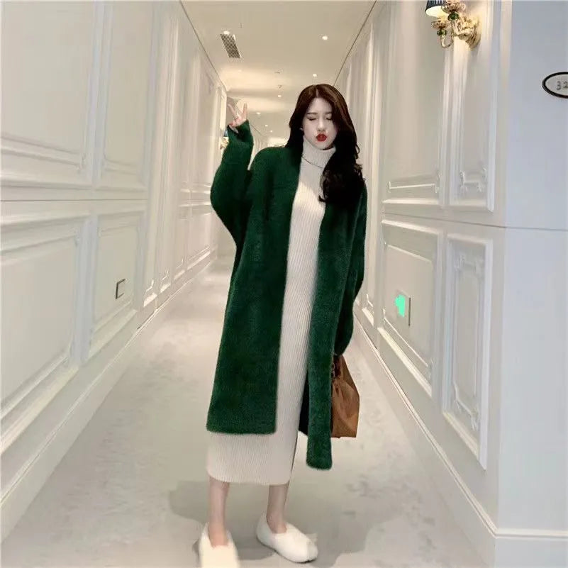 white Long Cardigan for women 2023 winter clothes Knitted fluffy long sleeve Cashmere sweater coat clotkorean style warm vintage