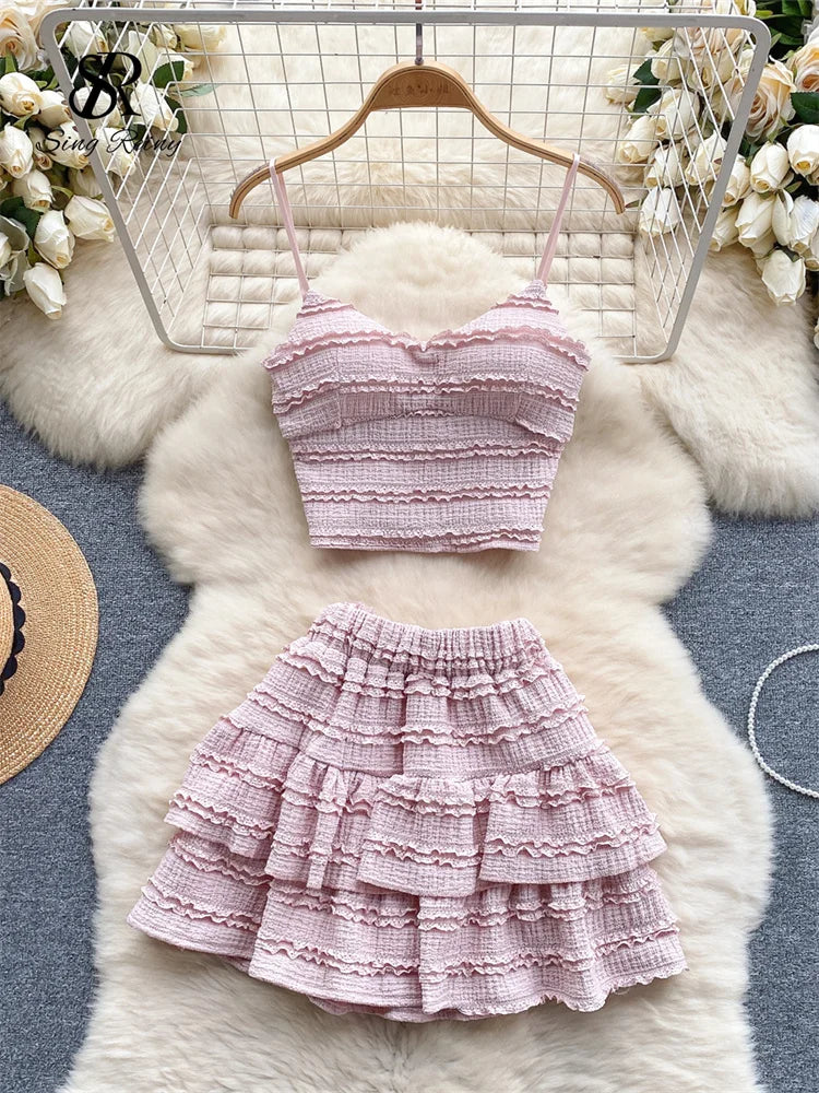 Sweet Ruched Two Pieces Sets V Neck Strap Crop Tops+Short Pleated Skirt Women Korean Style Chic Summer Beachwear Suits