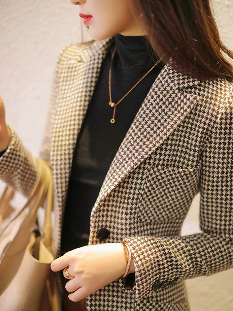 Chic Elegant Woman Jacket Autumn New In Korean Fashion Black Coats Oversize Single Breasted Casual Houndstooth Blazer Women 2023