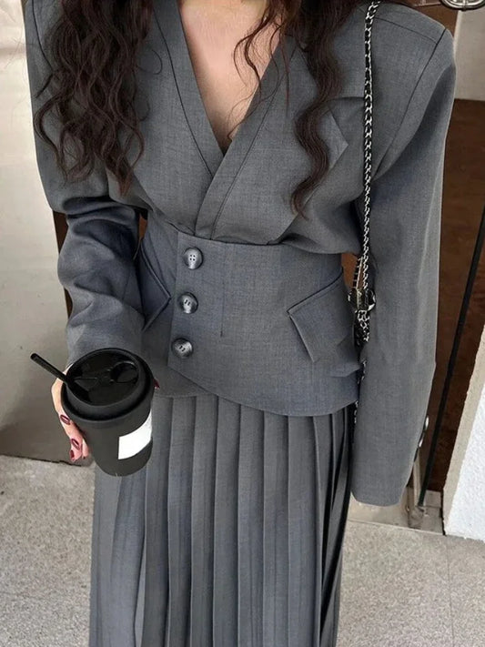 2023 Fashion Designer Vintage 2 Piece Set Women Temperament Office Lady Long Sleeve Coat + Higt Waist Pleated Skirt Blazers Suit