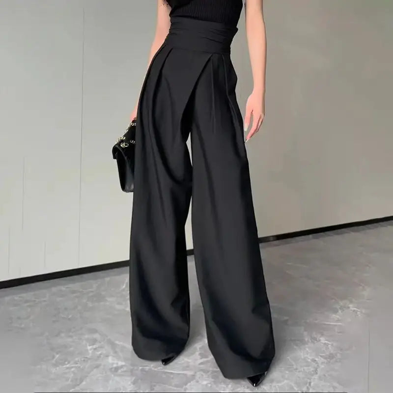 2024 Black Design Wide-Leg Pants Women's Slimming Suit Pant Magic High Waist Loose Straight Drooping Mopping Casual Trousers