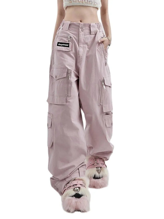 Women's Cargo Jeans Baggy Straight Denim Trouser Korean High Waist Harajuku Y2k Hip Hop Streetwear Vintage Pink Wide Jeans Pants