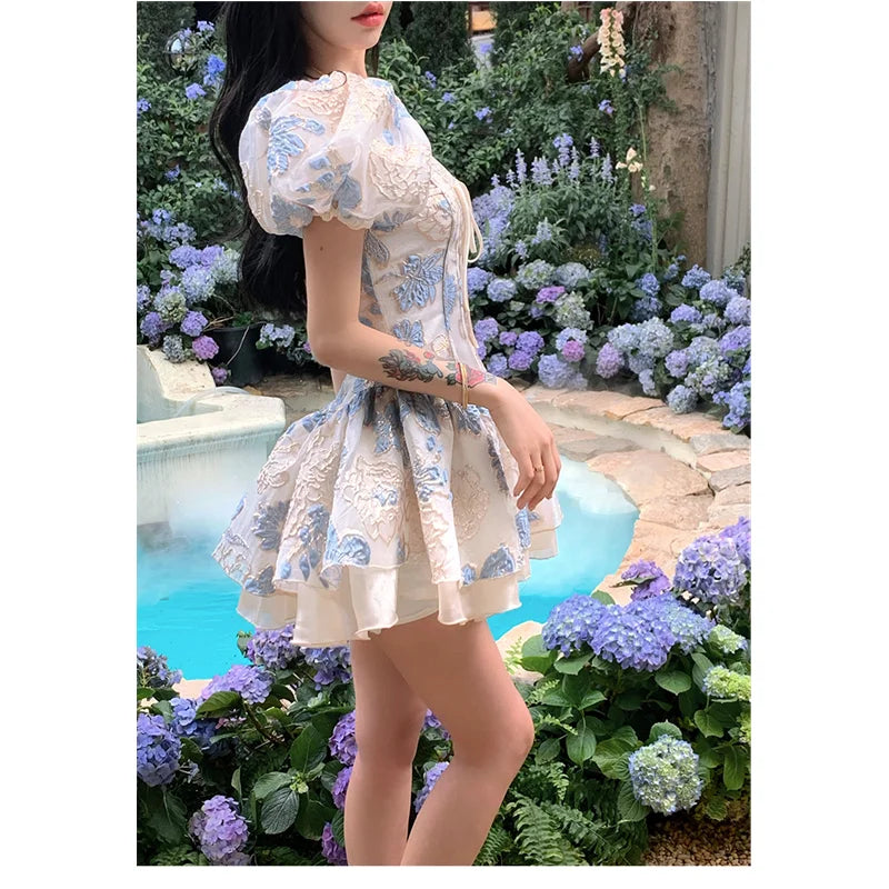 2024 Women Dress Bubble Short Sleeved Advanced Splicing French Romance Princess Style Embroidery Square Neck Female A-line Skirt