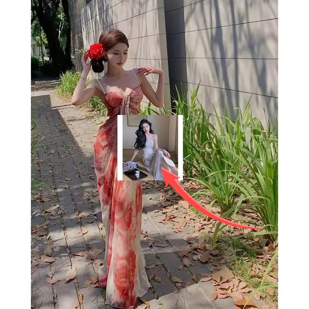 Long Halter Dress for Women Flower Tie-Dye Sweet and Spicy Holiday Style Dresses French Pure Desire Spring and Summer 2024