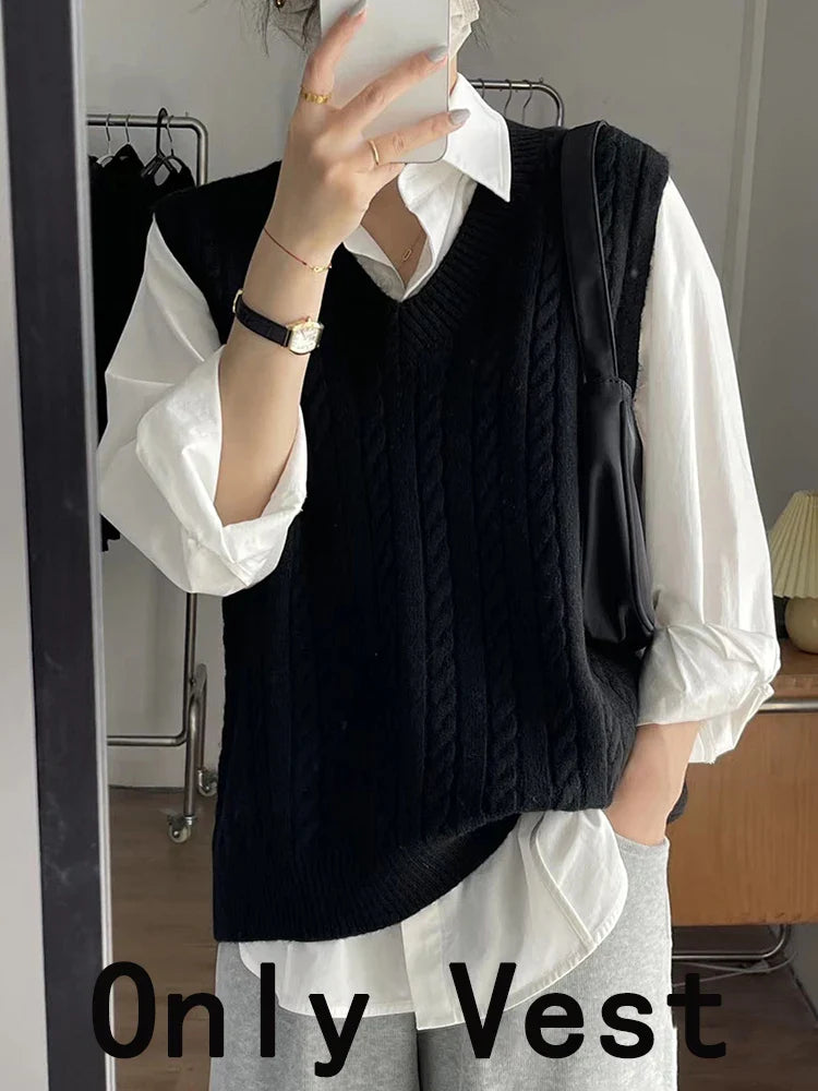 Knitted Vest Women Spring Autumn Vintage Casual Preppy Style Sleeveless Sweater Female Korean Fashion Loose All-match Waistcoat