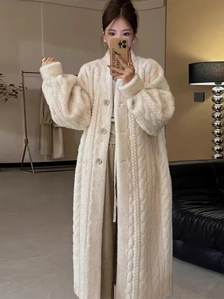 Women Fur Cardigan Thickened Long Autumn Winter V-neck Thin Jacket Female Loose Simple Leisure With Buttons Casual Fur Coat