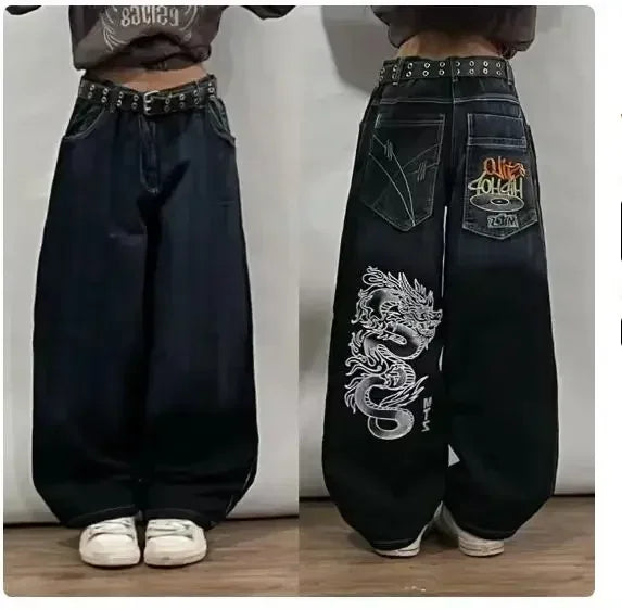 warmmeta 2024 New American hip-hop Vintage baggy jeans women's Harajuku high waist Y2K wide-leg pants Gothic wide pants Streetwear pants