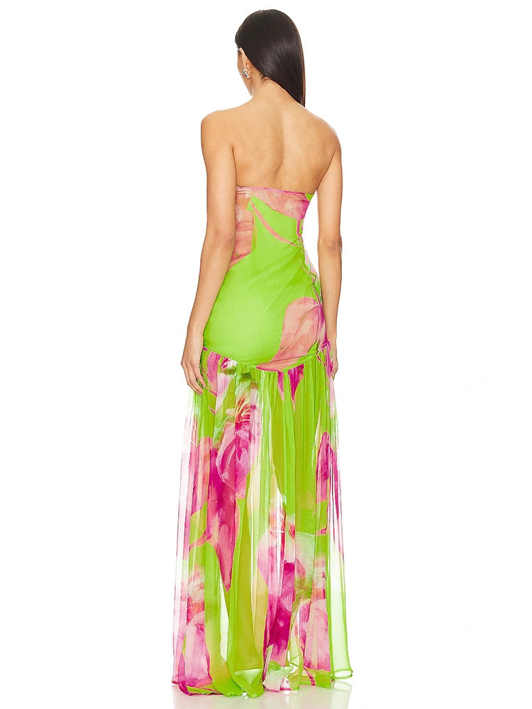 Summer Sexy Strapless Print Slit Long Dress Women Green Sleeveless Printed Floral Dresses Beach Holiday Party Sundress