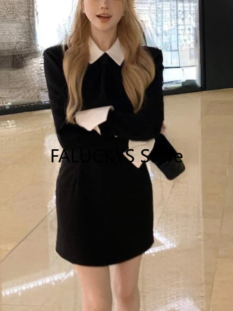 WARMMETA Style Sweet Dresses Women Long Sleeve Autumn Fake Two Piece Patchwork Slim Elegant Dress Chic Office Lady Korean Fahison