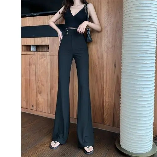 Trousers Woman Sexy Clothing High Waist Womens Pants Buttons Flare Black Classic Original Vintage Elastic 90s Y2k Streetwear G